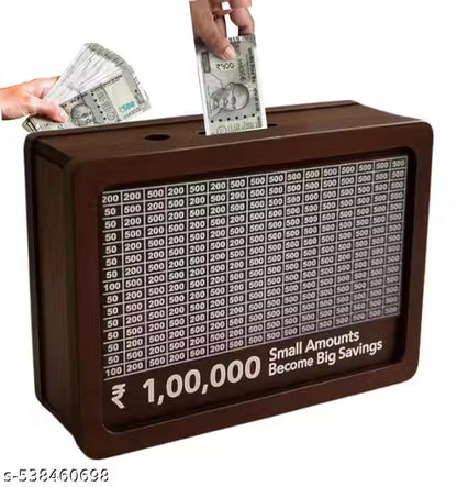 Wooden Piggy Bank for Kids – 1 Lakh Savings Challenge Box | Coin & Cash Vault | Decorative Carved Money Saver