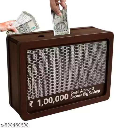 Wooden Piggy Bank for Kids – 1 Lakh Savings Challenge Box | Coin & Cash Vault | Decorative Carved Money Saver