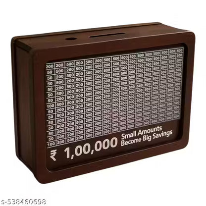Wooden Piggy Bank for Kids – 1 Lakh Savings Challenge Box | Coin & Cash Vault | Decorative Carved Money Saver