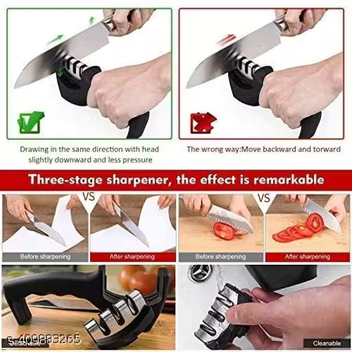 Premium 3-Stage Knife Sharpener – Safe, Non-Slip Base, Ergonomic Handle – For All Steel Knives, Scissors & Ceramic Blades – Kitchen Knife Sharpening Tool