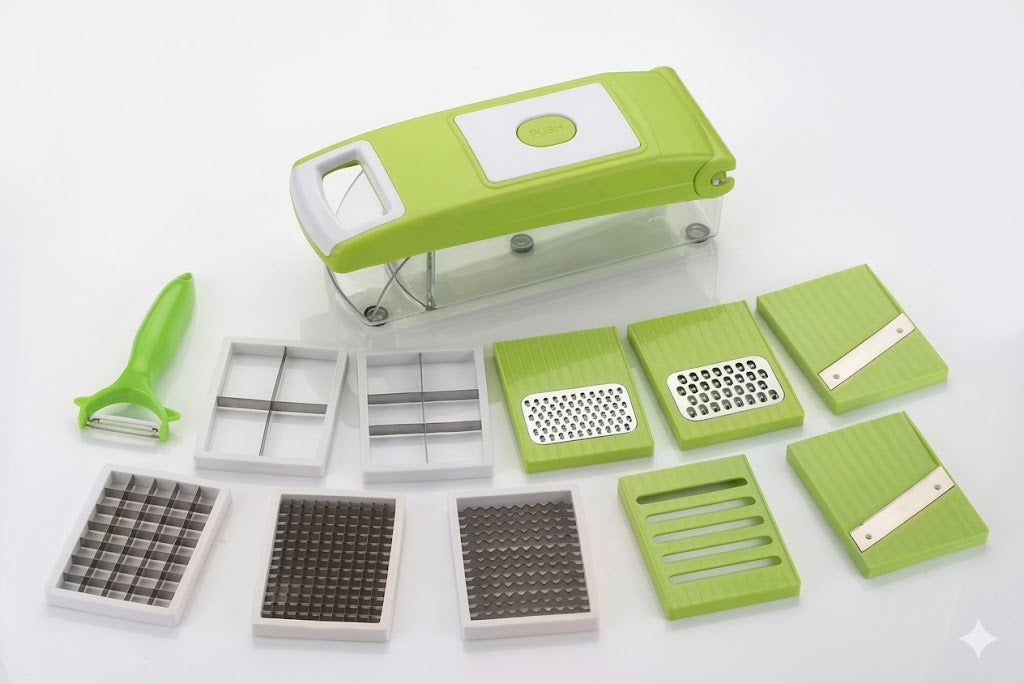 12 in 1 (green) multi vegetable cutter, fruit slicer and Vegetable & Fruit Grater & Slicer (12 in 1 cutter set, chopper, grater, peeler, Slicer, vegetable cutter, fruit cutter)